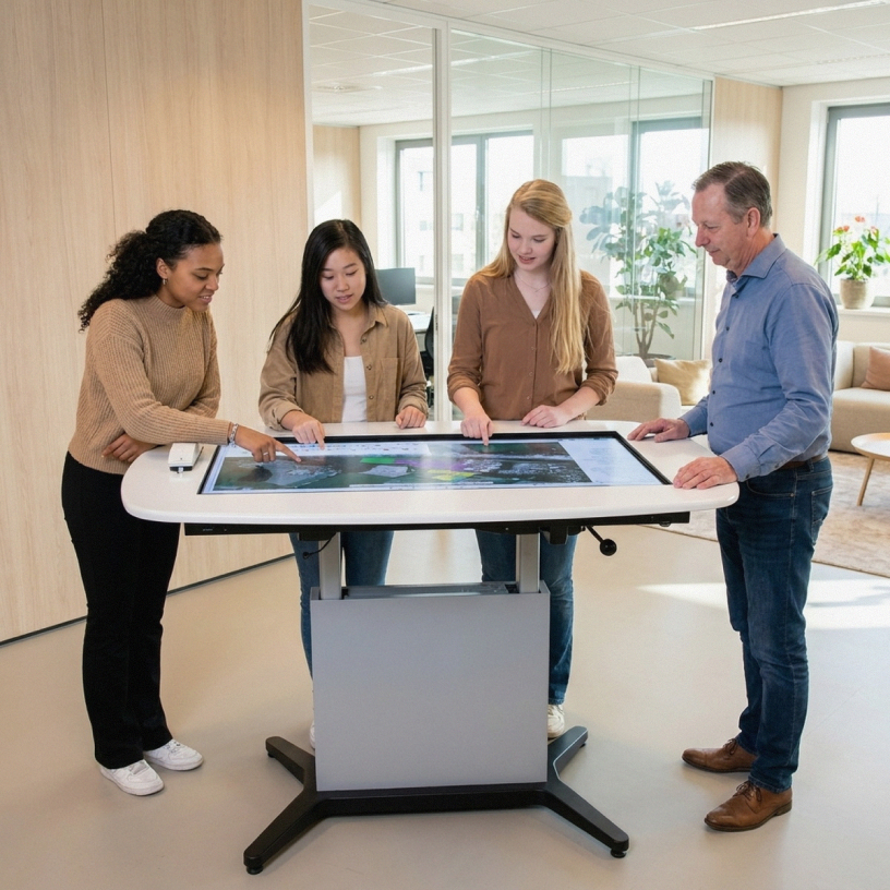 Vier mensen bekijken samen een interactieve digitale kaart op een grote tafel in een moderne kantoorruimte.