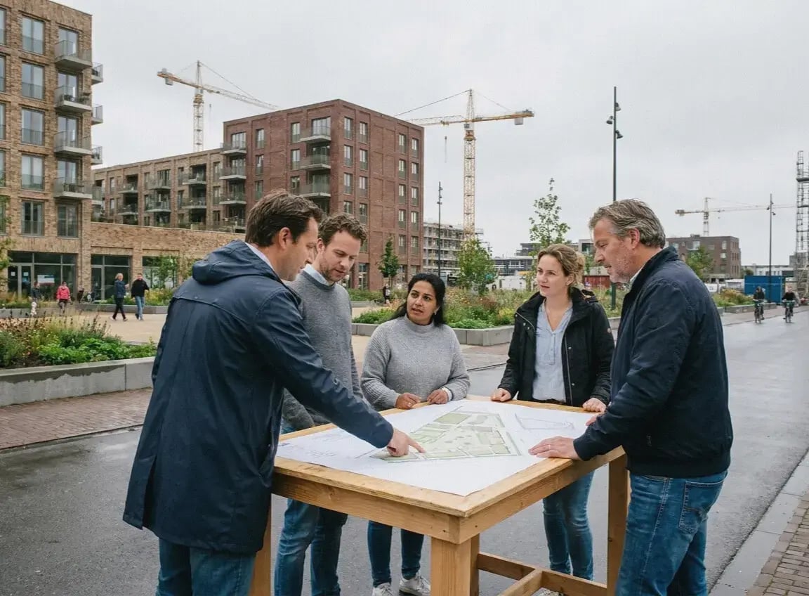 Vijf projectontwikkelaars bespreken een bouwplan aan een tafel op een bouwlocatie, met moderne appartementencomplexen en bouwkranen op de achtergrond.