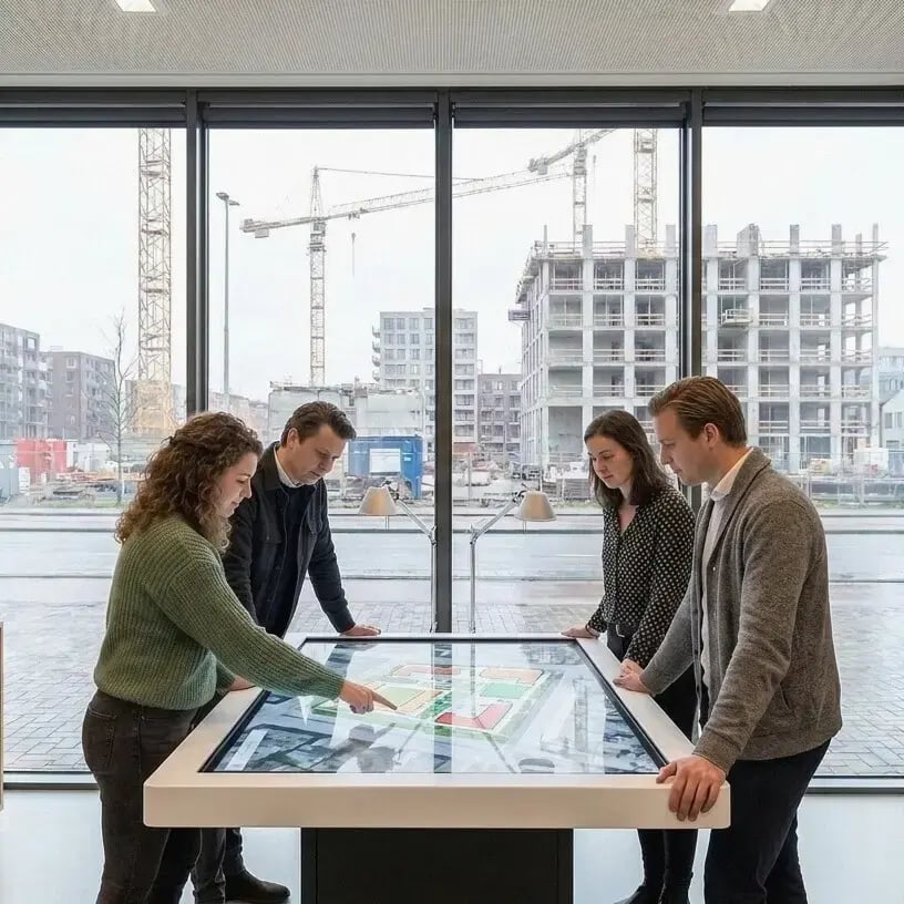 Vier projectontwikkelaars bekijken samen een digitale bouwkaart op een interactieve tafel in een kantoor, met nieuwbouwprojecten en bouwkranen zichtbaar door de grote ramen op de achtergrond.