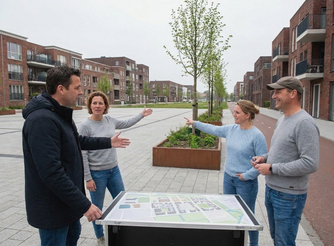 Vier mensen bespreken een stadsplattegrond in een nieuwbouwwijk met bakstenen appartementen en groen.