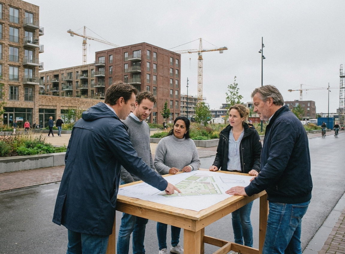 Vijf mensen bespreken een bouwplan aan een tafel in een nieuwbouwwijk, met appartementen en bouwkranen op de achtergrond.