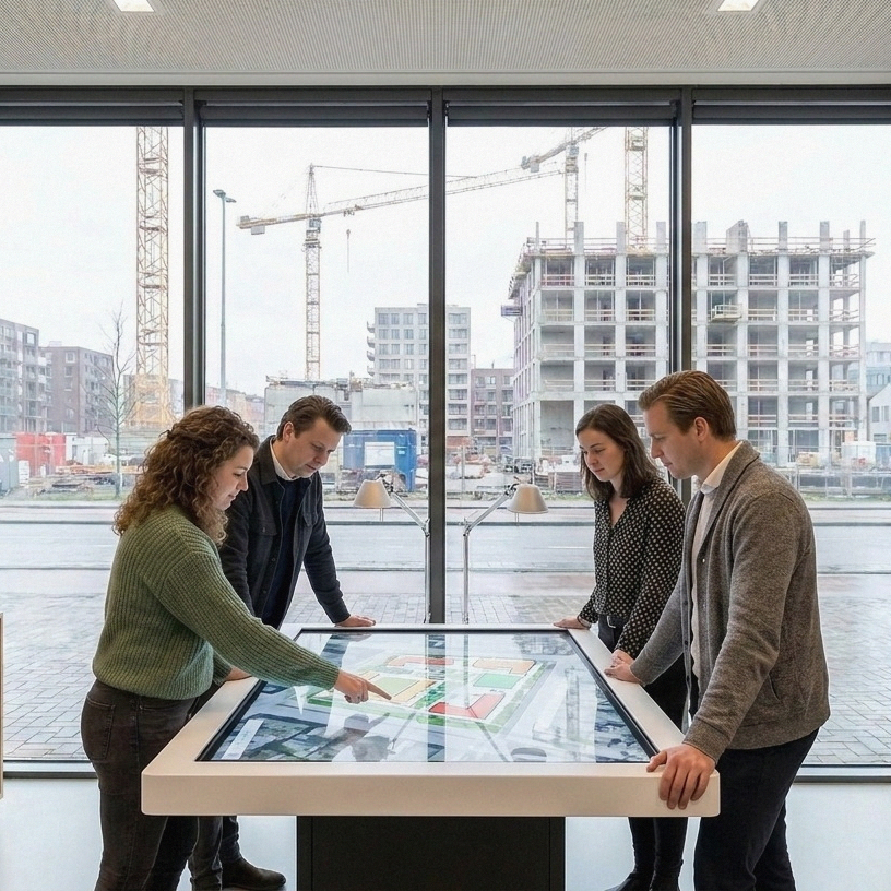 Vier mensen bekijken en bespreken een digitale stadsplattegrond op een interactieve tafel, met een nieuwbouwproject zichtbaar door de ramen.